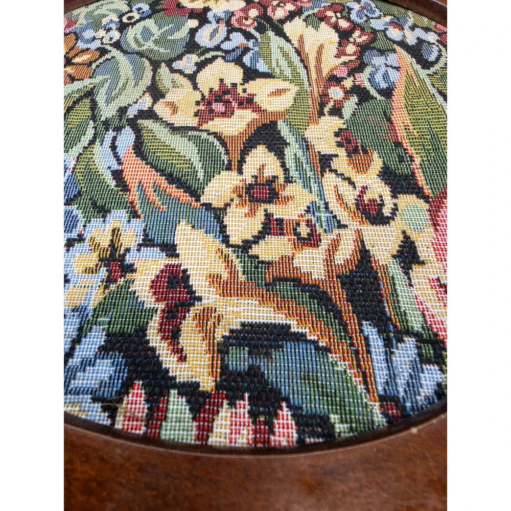 Vintage Floral Needlepoint Round Wood Frame Wall Decor Footstool Top 11.25 inch